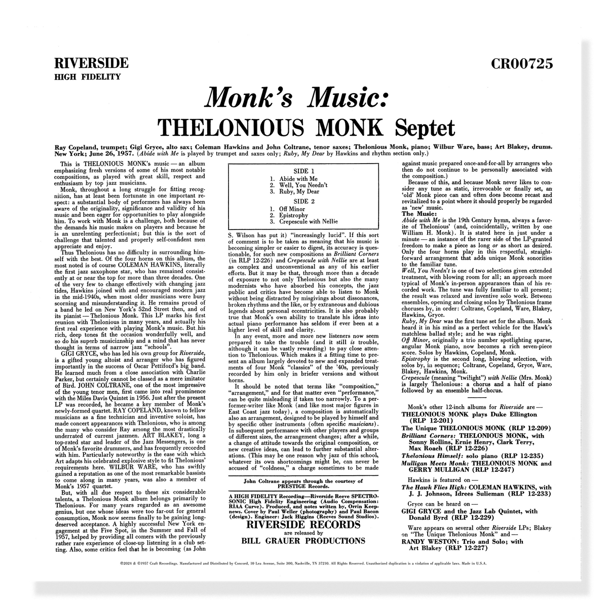 Thelonious Monk Septet - Monk's Music (Série Original Jazz Classics)